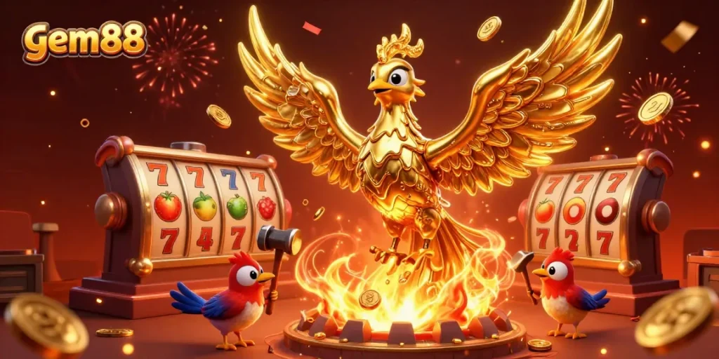 Experience gem88 as the golden phoenix brings luck with jackpot slot elements in a colorful casino scene.
