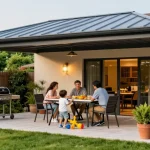 Stylische Terrassenüberdachungen schützen die Familie bei einem entspannten Nachmittag im Garten.