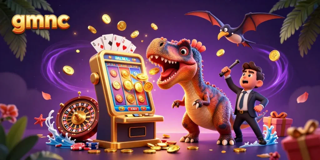Watch gmnc's pachycephalosaurus win jackpot coins at a vibrant casino illustration.