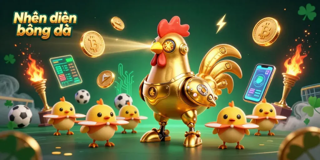 Engage in Nhận định bóng đá with a vibrant scene featuring a golden robot and baby chick drones among sports and crypto elements.