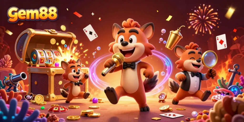 Experience gem88's exciting comedy casino scene featuring hyenas mixing drinks and telling jokes.