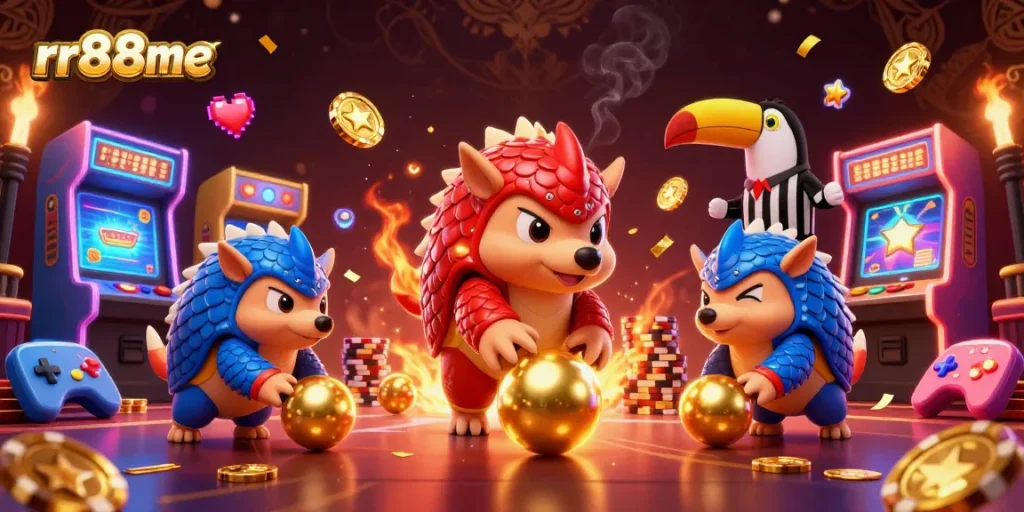Experience exciting gaming action at rr88me with rival pangolins rolling golden balls and poker chips.