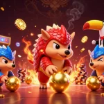 Experience exciting gaming action at rr88me with rival pangolins rolling golden balls and poker chips.