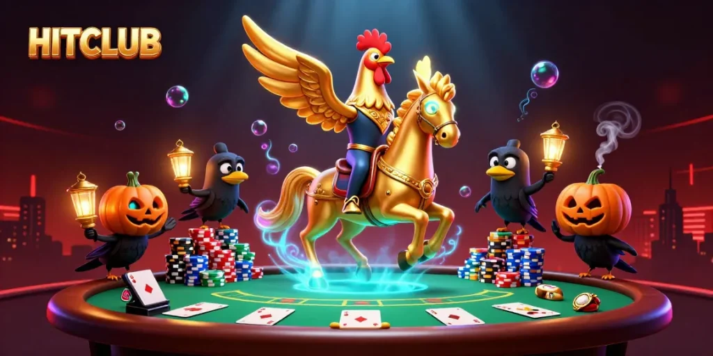 Engage in HITCLUB casino action with thrilling poker and vibrant characters in a 3D scene.