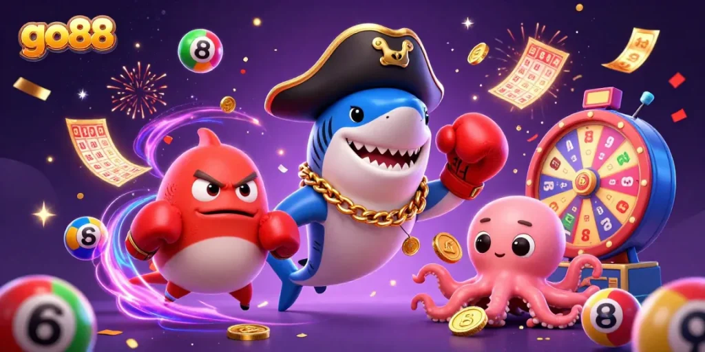 go88 showcases a thrilling casino adventure with vibrant characters and dynamic lottery elements.