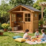 Familie genießt das Gartenhaus Holz mit Picknick im Garten, entspannte Atmosphäre.
