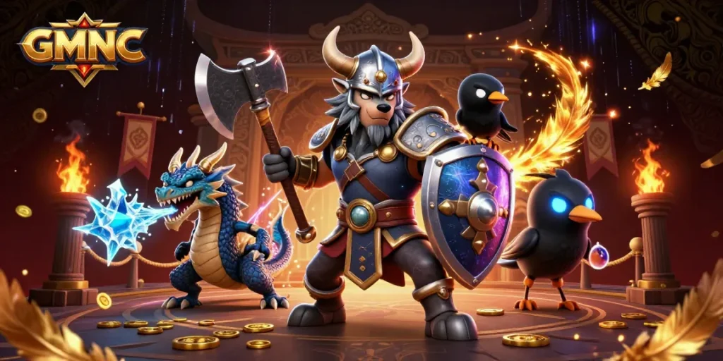 Experience thrilling adventures with GMNC in a vibrant 3D casino scene featuring mythical characters.