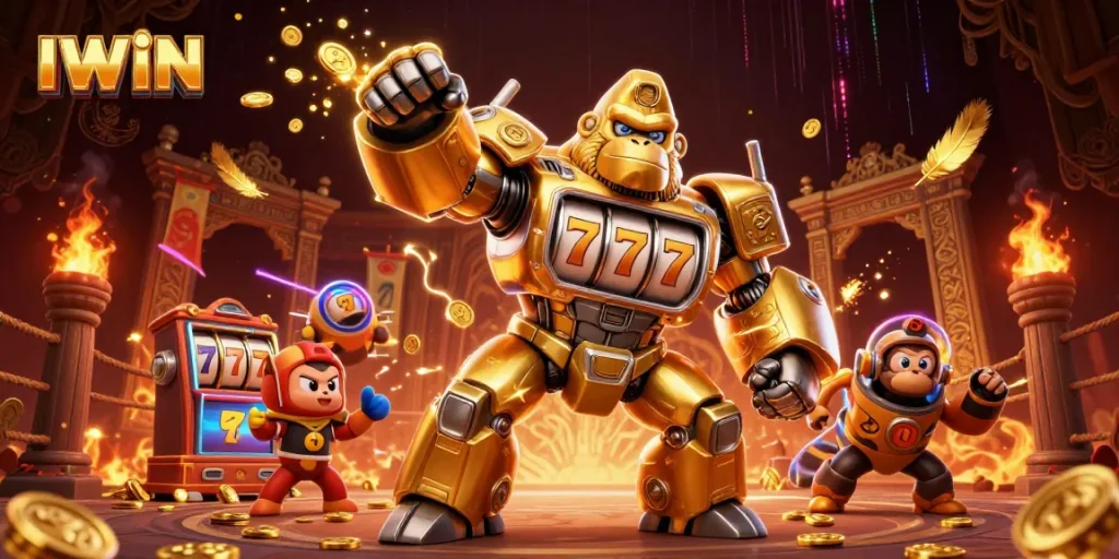 IWIN features dynamic 3D casino characters in an action-packed slot scene with golden gorilla mech and coins.