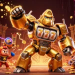 IWIN features dynamic 3D casino characters in an action-packed slot scene with golden gorilla mech and coins.