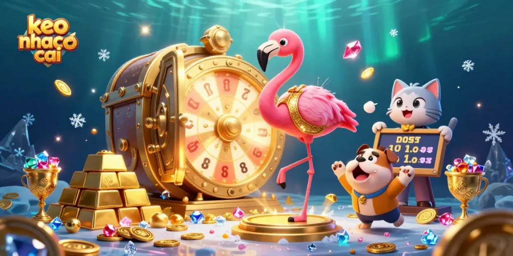 Engage in exhilarating keo nha cai gaming experiences with vibrant casino-themed characters and dynamic elements.