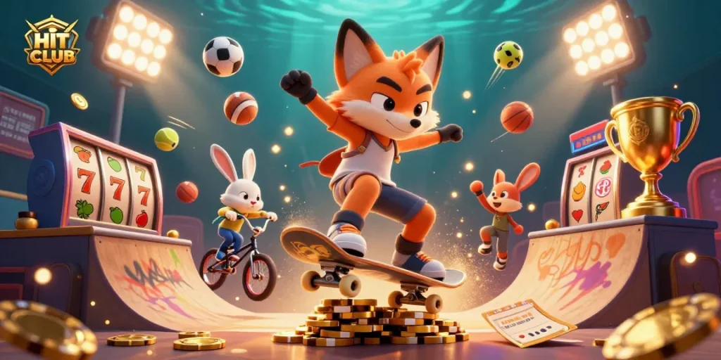Engage in HITCLUB's vibrant gaming atmosphere featuring dynamic characters and casino elements