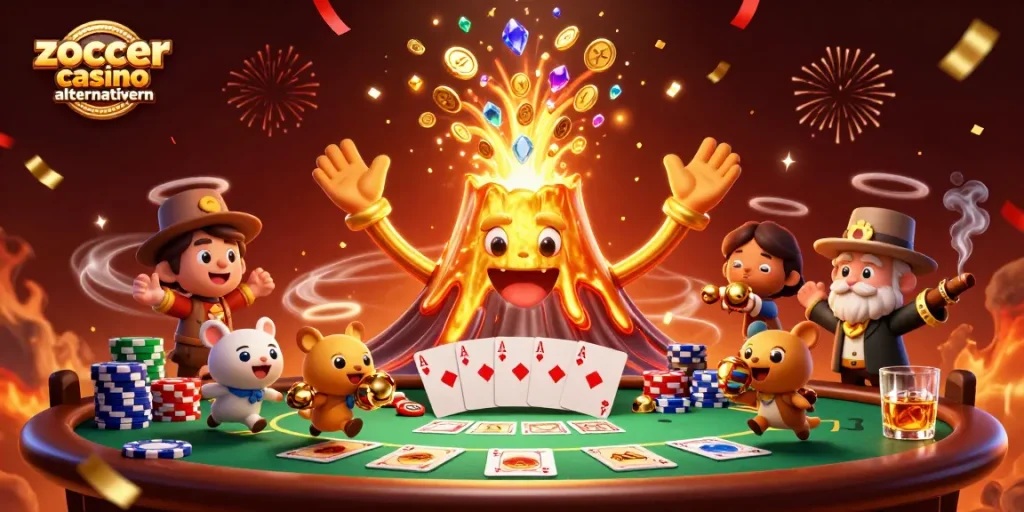 Zoccer Casino Alternativen entdecken mit bunten Poker-Chips und einem neugierigen Vulkan.