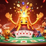 Zoccer Casino Alternativen entdecken mit bunten Poker-Chips und einem neugierigen Vulkan.