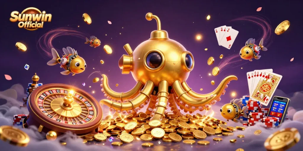Win big with the Sunwin Official kraken submarine in a vibrant golden casino treasure scene.