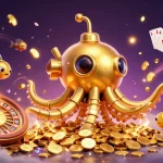 Win big with the Sunwin Official kraken submarine in a vibrant golden casino treasure scene.